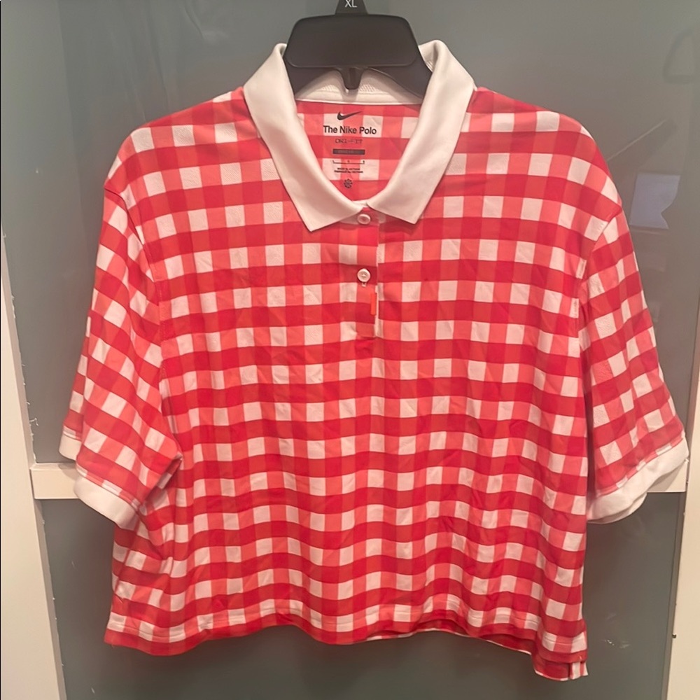 The Nike Polo Dri-Fit Red and White Gingham Polo Shirt, Loose Fit, L